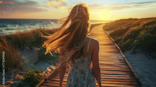 Woman walking in beach at sunset, Back view portrait of young girl walking on wooden boardwalk in evening, hair blowing with wind and glowing with sun light