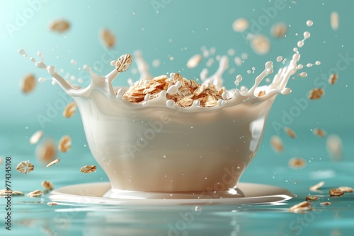 Icons showing milk splashes on rolled oats. Corn flakes on a background.