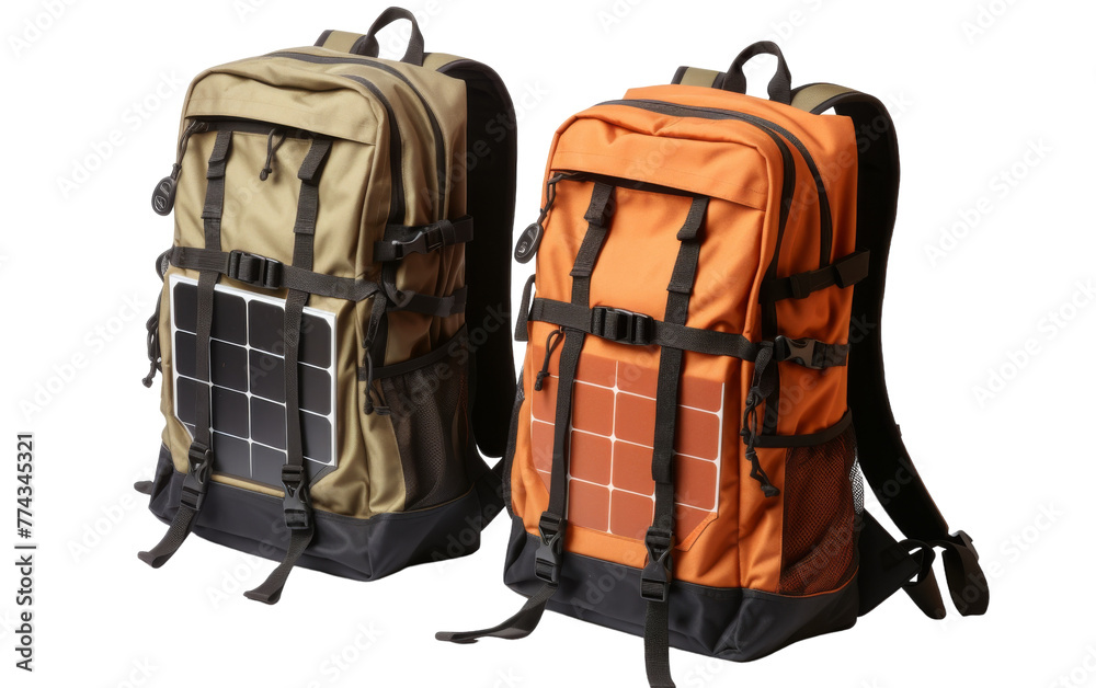 Two colorful backpacks resting side by side on the ground Two colorful backpacks resting side by side on the ground