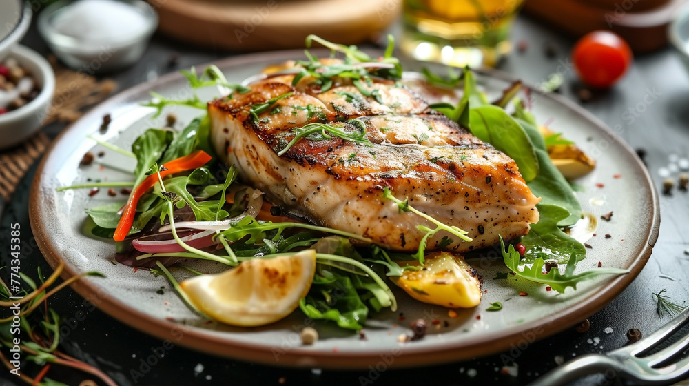 A grilled fish steak photography for a magazine cover, advertising banner. A grilled fish steak photography for a magazine cover, advertising banner.
