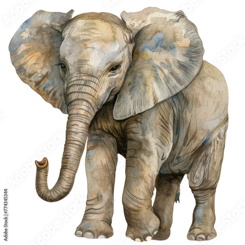 Cute watercolor elephant with a friendly expression cut out on transparent background