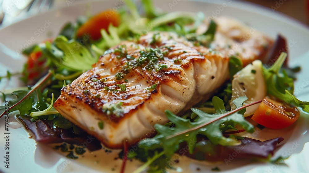 A grilled fish steak photography for a magazine cover, advertising banner. A grilled fish steak photography for a magazine cover, advertising banner.
