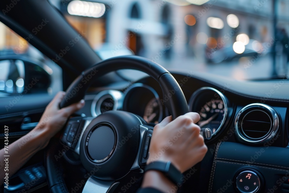 Close-up of female driver's hands on wheel: portraying woman's control in driving. Close-up of female driver's hands on wheel: portraying woman's control in driving.