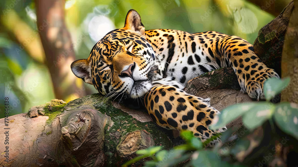 A beautiful jaguar rests peacefully on a tree branch in the heart of the jungle, representing the calm and strength of nature A beautiful jaguar rests peacefully on a tree branch in the heart of the jungle, representing the calm and strength of nature