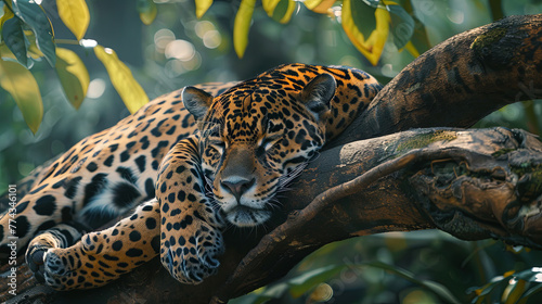 A beautiful sleeping jaguar rests peacefully on a tree branch in the heart of the jungle, representing the calm and strength of nature © Taisiia