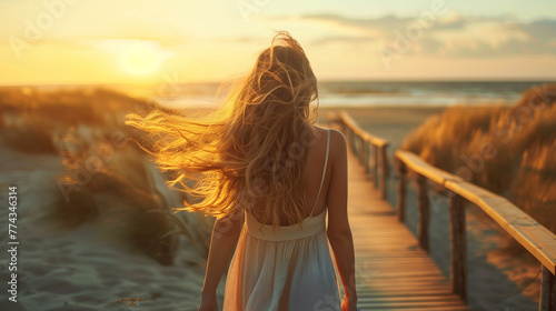 Woman walking in beach at sunset, Back view portrait of young girl walking on wooden boardwalk in evening, hair blowing with wind and glowing with sun light