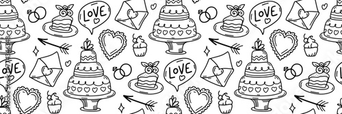 Wedding doodle pattern. Festive outline background. Bubbles inscription love, wedding cake and pastries, hearts, arrow. For invitation cards, wrapping paper, wallpaper or fabric. Vector illustration.