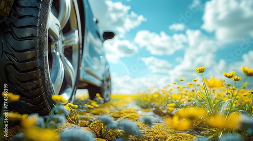 Close up view of car wheel.Transportation concept.wheel with summer tires close-up on background of summer landscape. AI generated illustration