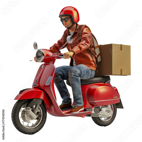 Delivery man on a red scooter with a large package cut out on transparent background © Andrii