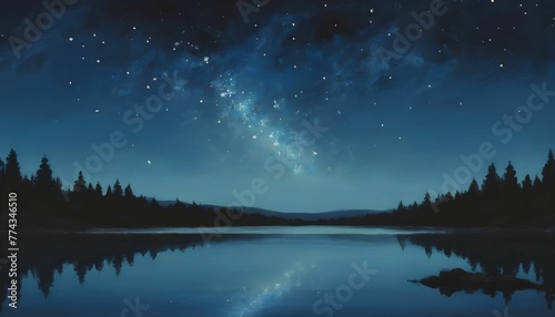 A painting of a night sky with stars above a lake created with generative ai.