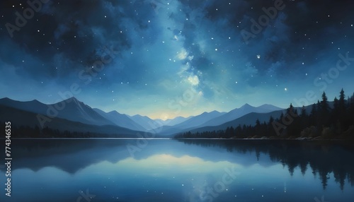 A painting of a night sky with stars above a lake created with generative ai.