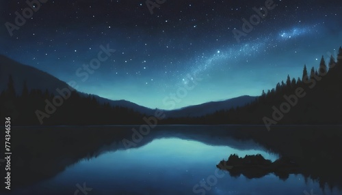 A painting of a night sky with stars above a lake created with generative ai. © cd
