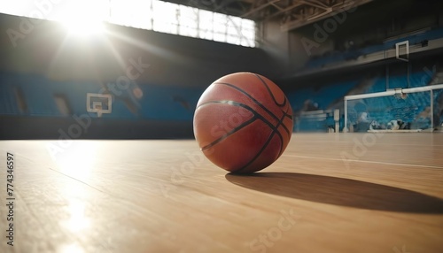 Basketball ball lying on the floor on sports arena, a stadium with sun light coming into the gym created with generative ai. © cd