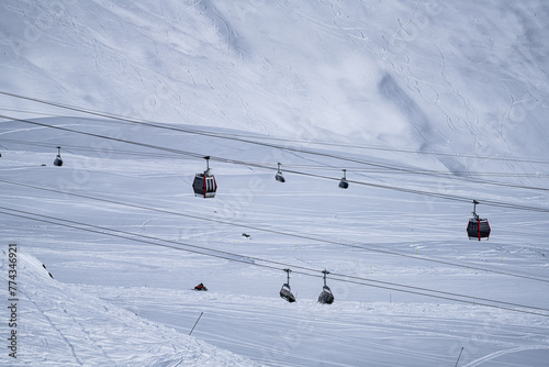 Many cable cars in the winter resort