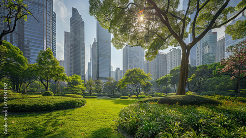 Beautiful street with skyscrapers and green park