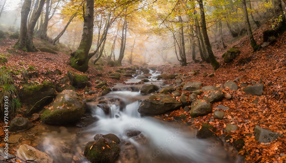 Autumn forest with a waterfall and fallen leaves in the foreground. Autumn forest with a waterfall and fallen leaves in the foreground.