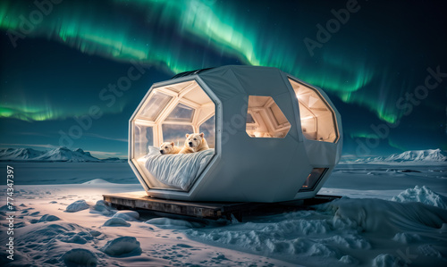 polar bear, lies on a bed in a small room with a clear ceiling, allowing for viewing of the night sky. The sky is filled with green and yellow aurora lights. The room is on a platform in the snow.