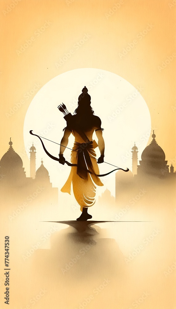 Watercolor illustration of lord rama silhouette with a bow and arrow for ram navami. - obrazy, fototapety, plakaty 