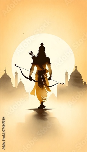 Watercolor illustration of lord rama silhouette with a bow and arrow for ram navami. photo