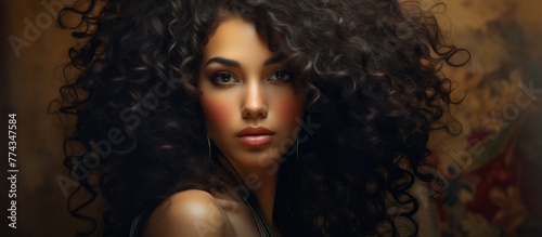 A close up of a woman with very long curly hair cascading down her shoulders and back