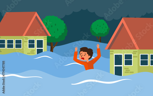 Vector illustration of people, trees and houses drowning in floods