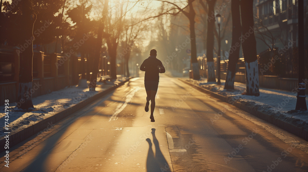 A man jogging along a quiet city street in the early morning, the soft light of the rising sun casting long shadows