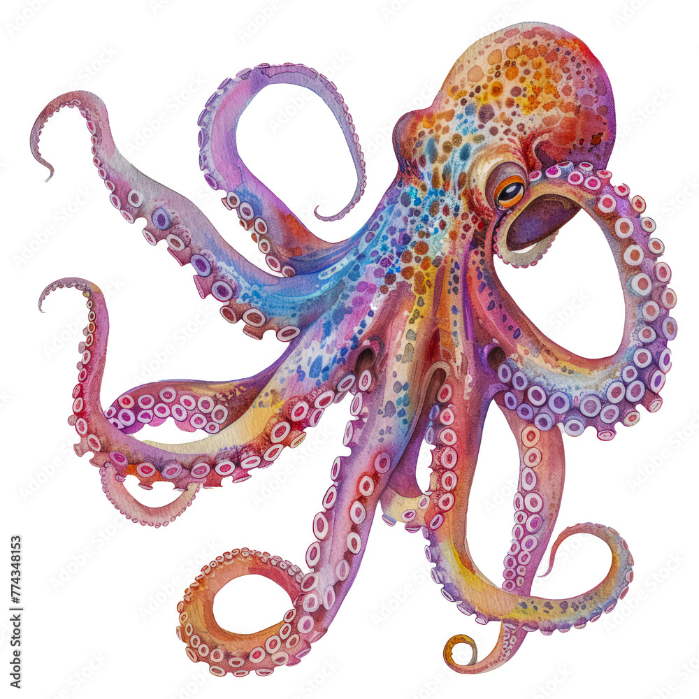 Watercolor octopus illustration with swirling tentacles cut out on transparent background Watercolor octopus illustration with swirling tentacles cut out on transparent background