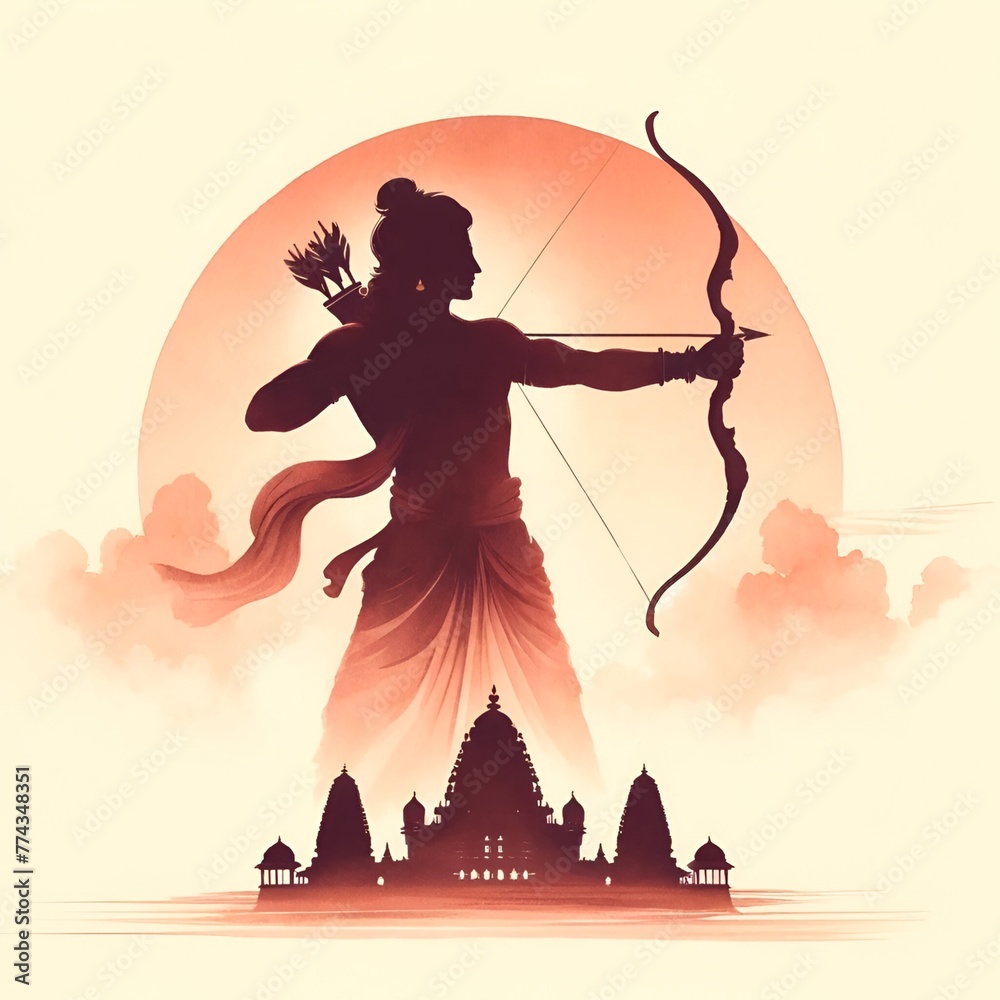 Watercolor  illustration to celebrate ram navami with a silhouette of lord rama holding bow and arrow. - obrazy, fototapety, plakaty 