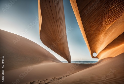 sculpture in the desert, with a body of water in the background. The sand is beige and the sky is blue.