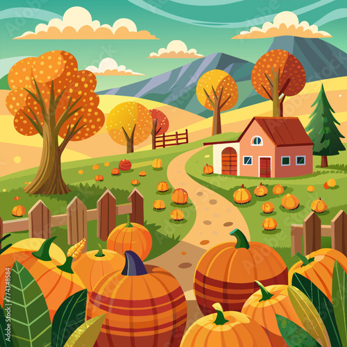 Halloween pumpkin patch on a rural farm, Vector graphics landscape Illustration Design