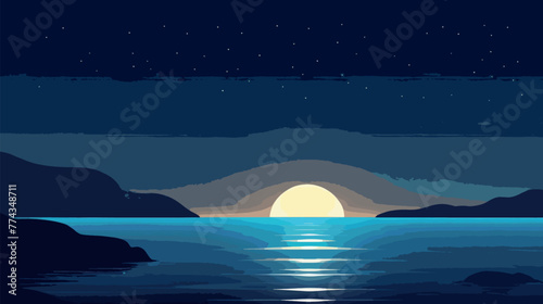 Full Moon Shining Bright Over Ocean Night Scene vector illustration 2d