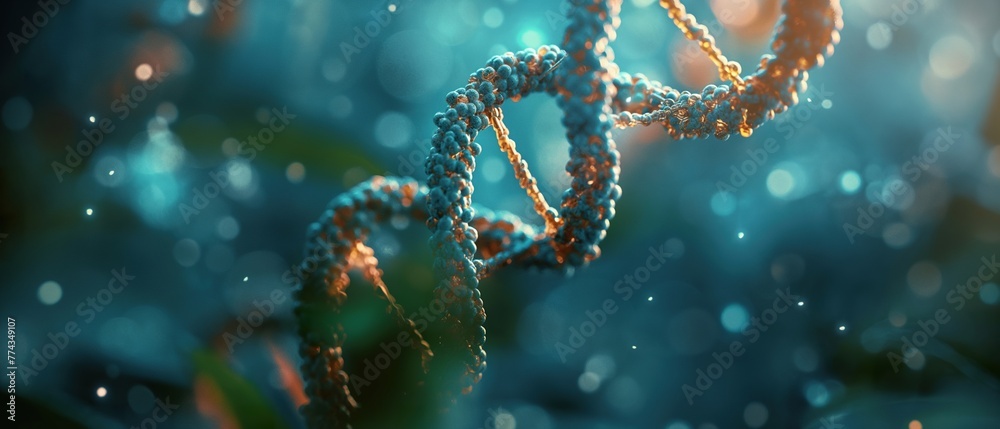 DNA helix adorned with radiant particles, reflecting themes of genomics and life sciences