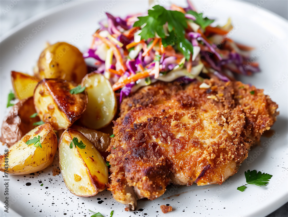 Pork chop in breadcrumbs with roasted potatoes and coleslaw.