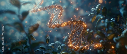 DNA helix adorned with radiant particles, reflecting themes of genomics and life sciences