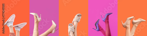 Collage of female legs in elegant high heels and domestic slippers on orange and purple backgrounds photo
