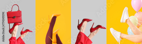 Collage of female legs in elegant high heels and sports shoes on light and yellow backgrounds