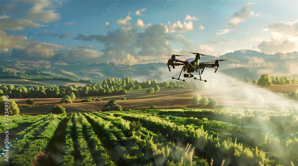 A small drone sprays plant protection products on a farm field and monitors the area.