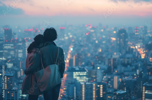 couple standing on the edge overlooking Tokyo at night, with city lights in the background