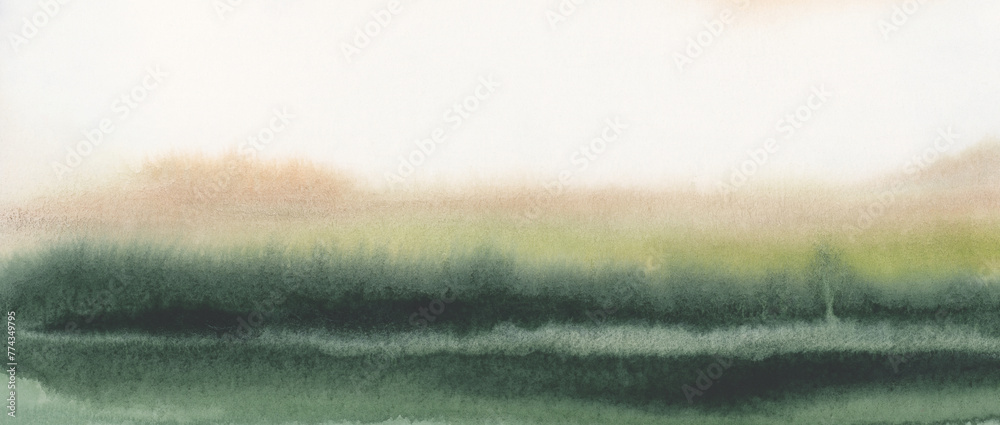 Naklejka premium Ink watercolor hand drawn smoke flow stain blot landscape on wet paper texture horizontal background.