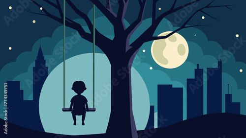 Enchanting Scene Child Swinging Beneath Moonlit Tree  Vector Illustration