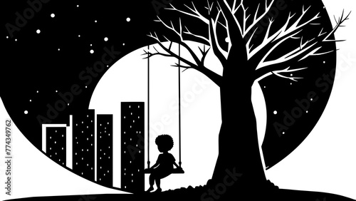 Enchanting Scene Child Swinging Beneath Moonlit Tree  Vector Illustration
