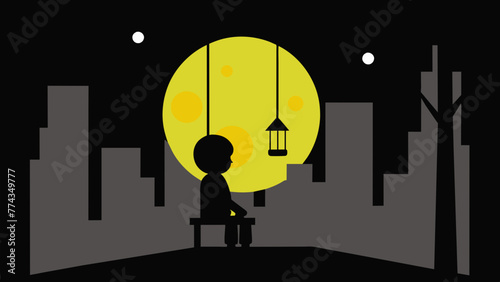 Enchanting Scene Child Swinging Beneath Moonlit Tree  Vector Illustration