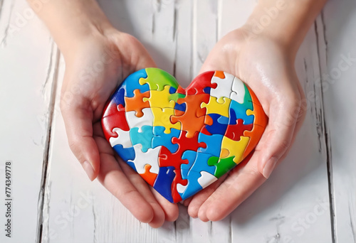 Autism. Making heart of color puzzle pieces.