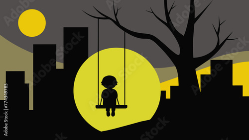 Enchanting Scene Child Swinging Beneath Moonlit Tree  Vector Illustration