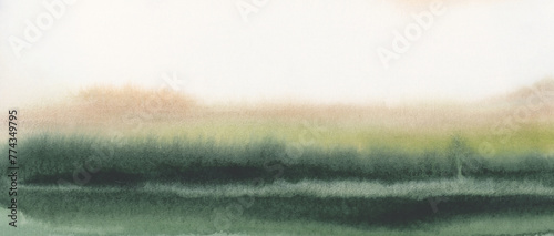 Ink watercolor hand drawn smoke flow stain blot landscape on wet paper texture horizontal background.