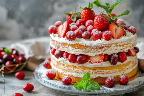 Closeup of Victoria sponge cake with strawberries cranberries and mint on table