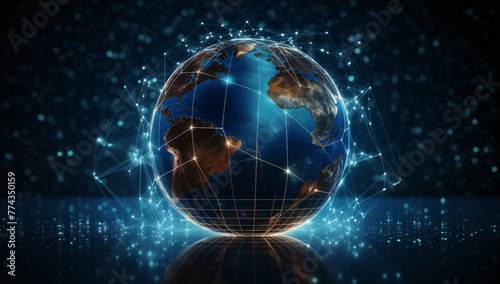 A globe with interconnected communication lines symbolizing global connectivity and information sharing, A globe symbolizing digital global networks