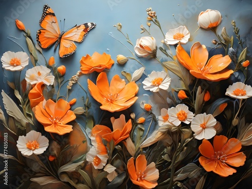 Orange Colors butterflies painted with oil paints and delicate wildflowers   Colorful oil paint art
