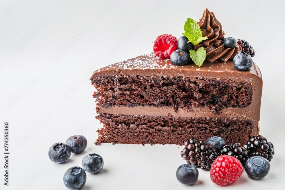 Chocolate cake with icing and berry on white background Chocolate cake with icing and berry on white background