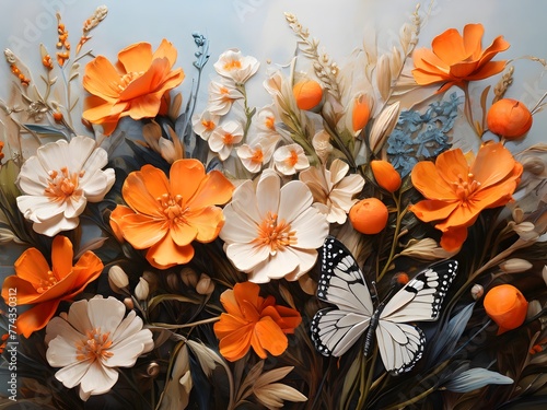 Orange Colors butterflies painted with oil paints and delicate wildflowers   Colorful oil paint art